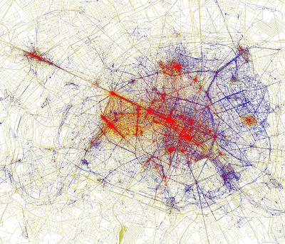 Blue represents locals, Red tourists and yellow might be either.  Notice dense blue clusters ignored altogether by tourists.  Courtesy of Eric Fischer.