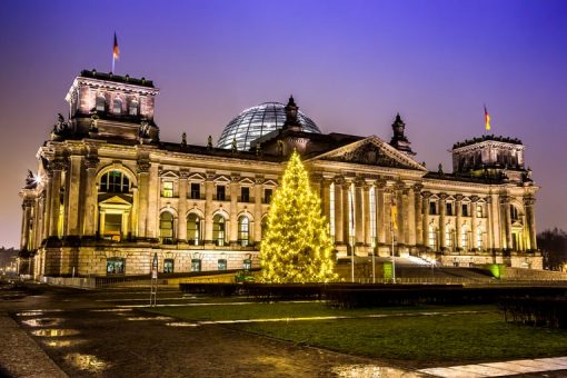 Illuminated Reichstag building in Berlin, Germany on christmas