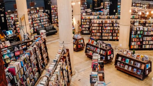 An interior shot of bookshelves at The Last Bookstore in Los Angeles.