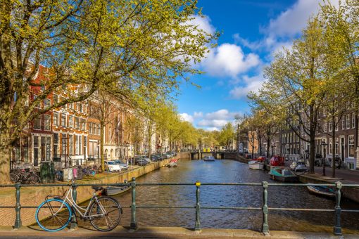 bike parked along a canal in amsterdam netherlands