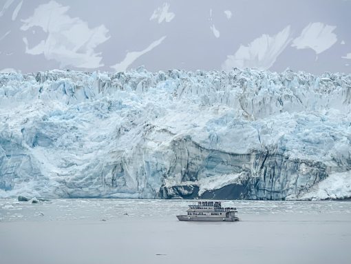 hubbard bay glacier in wrangell-st elias national park and preserve in alaska, with sightseeing boat in the foreground