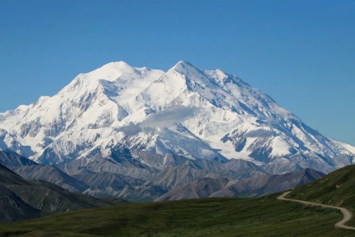 sunlit peak of denali in alaska